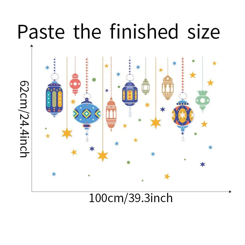 Ramadan Kareem Wall Stickers Moon Star Lantern Wall Decal 2024 Eid Mubarak Decorations for Home Muslim Islamic Party Decorations