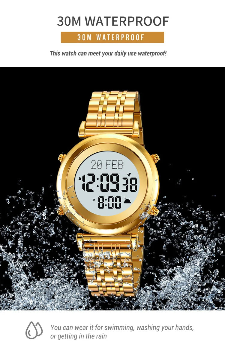 Muslim Azan Digital Watch Mens Back Light Waterproof Steel Hijri Islamic Wristwatch Prayer Qibla Compass Alarm Clock