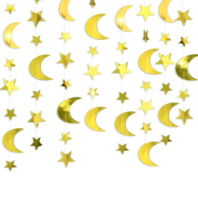 Gold Silver Moon Star Hanging Banner String Garland for Ramadan EID Kids Birthday Baby Shower Home Decorations