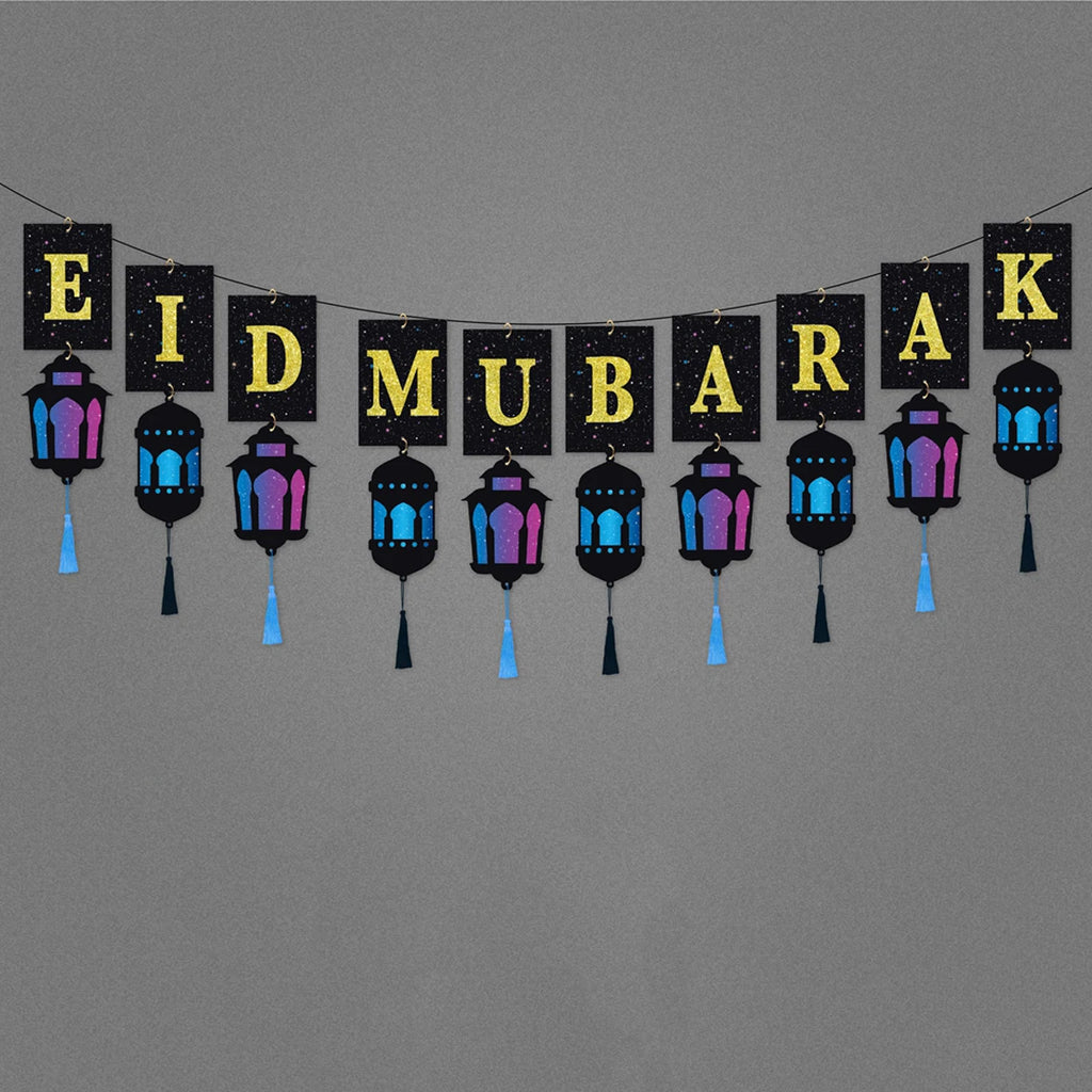 Eid Mubarak Banner with Lantern Tassels Ramadan Kareem Islamic Festival Party Decor Muslim Home Wall Hanging for Eid Adha Gifts