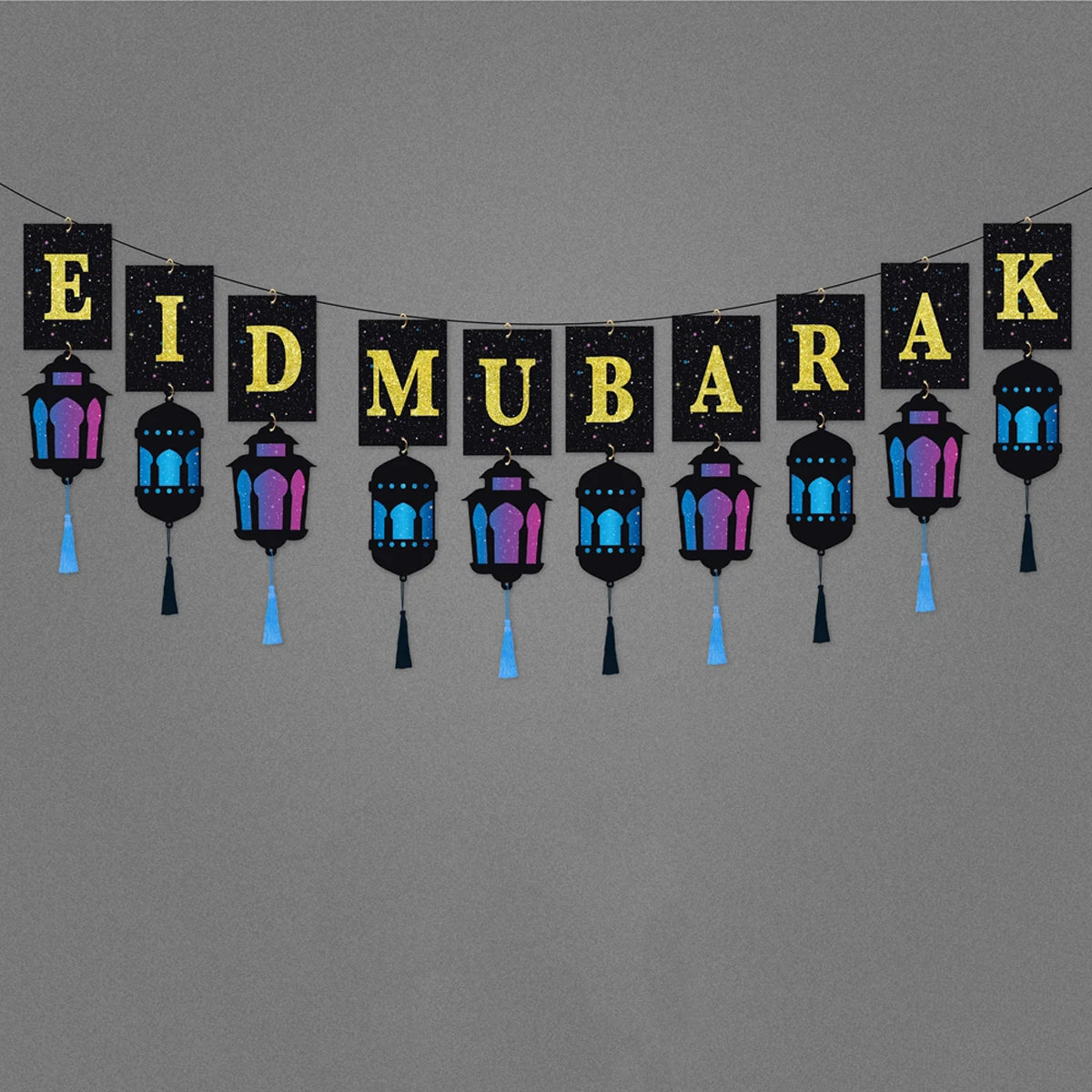 Eid Mubarak Banner with Lantern Tassels Ramadan Kareem Islamic Festival Party Decor Muslim Home Wall Hanging for Eid Adha Gifts