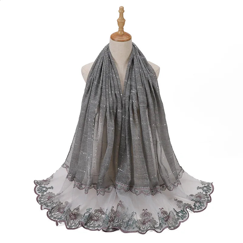 New Designers Lace Scarf Women Luxury Hijabs for Woman Bandana Shawl Veil Comfort Wear Paillette Embroidery Scarves Wrap Hijabs