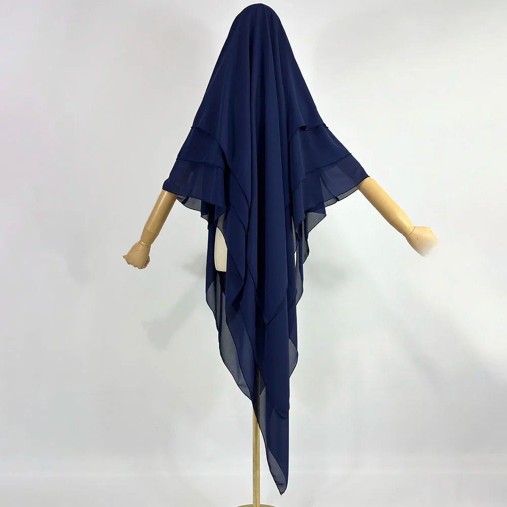 Three Layer Chiffon Khimar With Niqab Strings High Quality EID Ramadan Muslim Women Islamic Clothing Wholesale Prayer Long Hijab