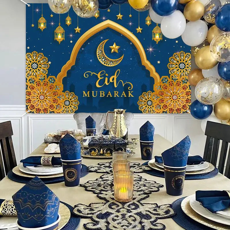 Ramadan Kareem Backdrop Photo Booth Background With Moon Star Castle Pattern Eid Mubarak Background for Backyard Al-fitr Gift