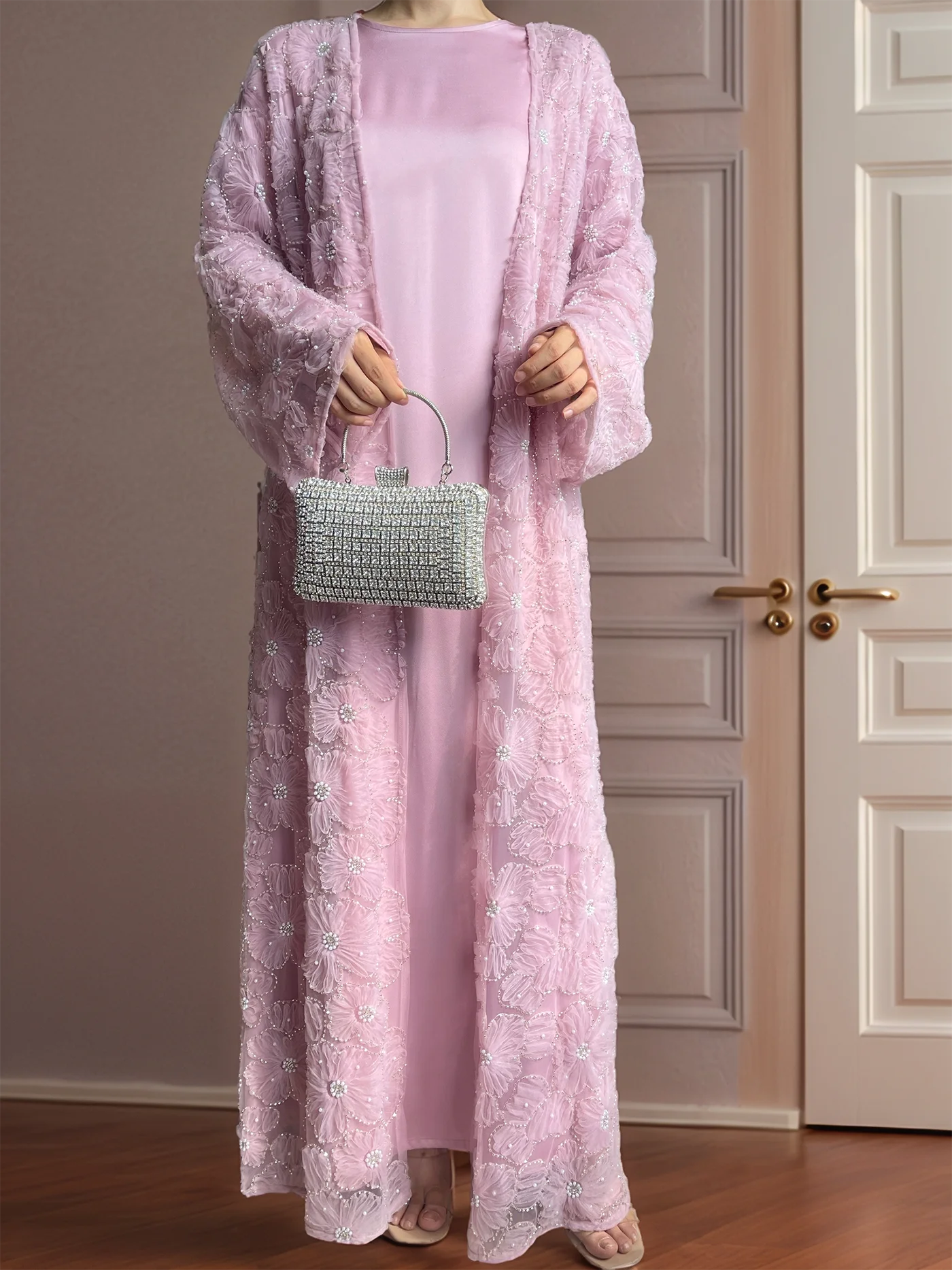 Muslim Women Two-piece Set Floral Beaded Abaya and Satin Inner Dress MSL881