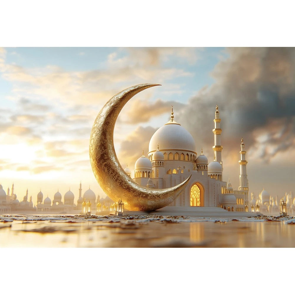 2026 Eid Mubarak Backdrop Islamic Mosque Ramadan Aladdin Moroccan Golden Moon Muslim Kareem Al Fitr Festival Photo Background