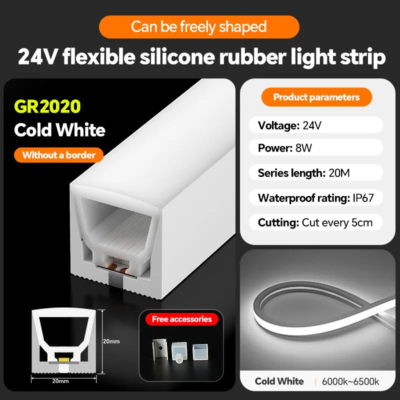 LED silicone light strip, linear light strip, embedded, 24V, waterproof, flexible, curved shape light
