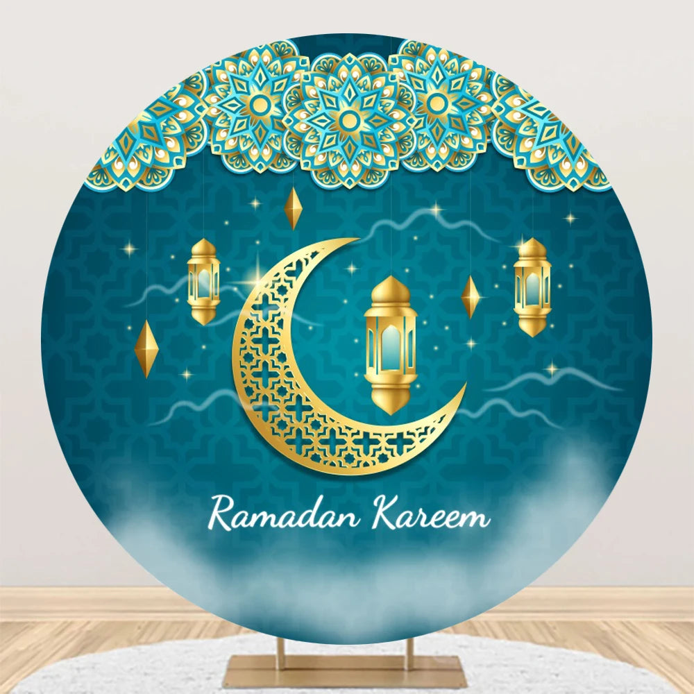 Eid al Fitr Mubarak Round Backdrop Cover Arab Ramadan Karim Golden Moon Star Cloud Lantern Party Decor Banner Photo Stall Props