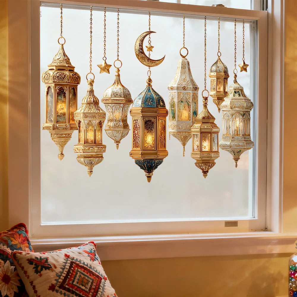 1pcs Eid Ramadan Star Moon Lantern Window Wall Stickers Decoration Ramadan Wall Stickers Islamic Muslim Background Wall Stickers