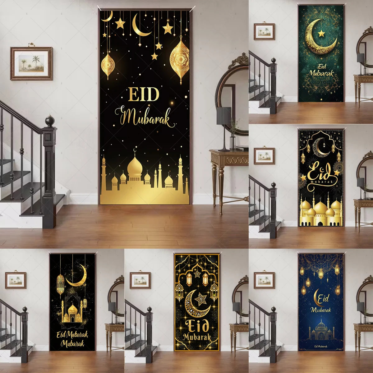 Ramadan Eid Door Cover Backdrop Supplies Moon Mosque Background Islamic Muslim Festival Theme Party Decoration Photography Props