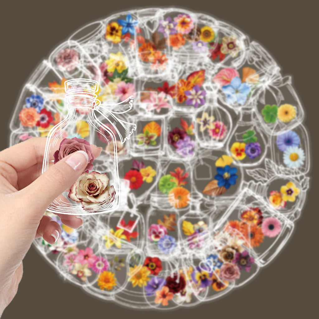 50/100PCS Glass Bottles with Dried Flower PET Sticker Waterproof Oil proof Transparent Romantic Art Colorful Flower Gift
