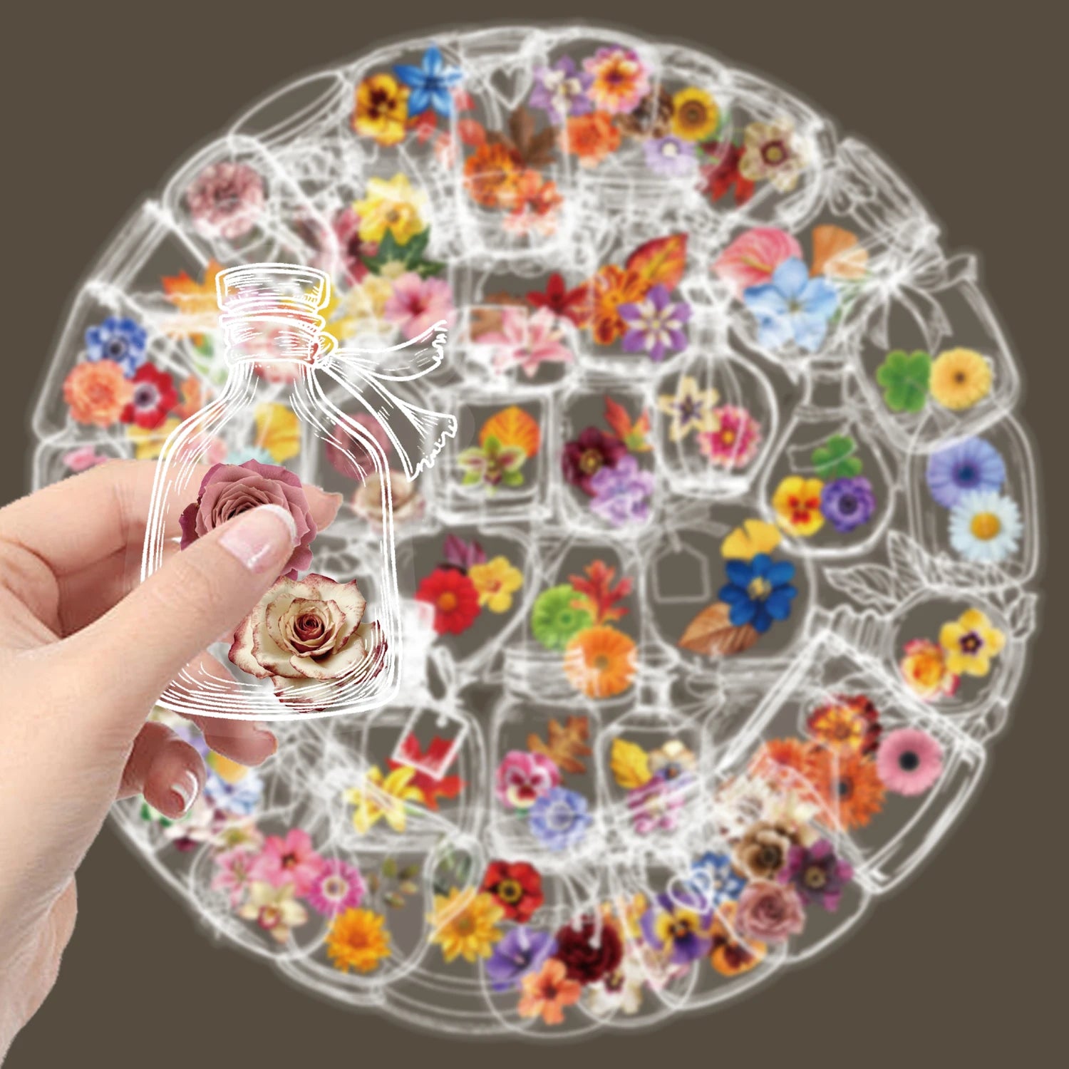 50/100PCS Glass Bottles with Dried Flower PET Sticker Waterproof Oil proof Transparent Romantic Art Colorful Flower Gift