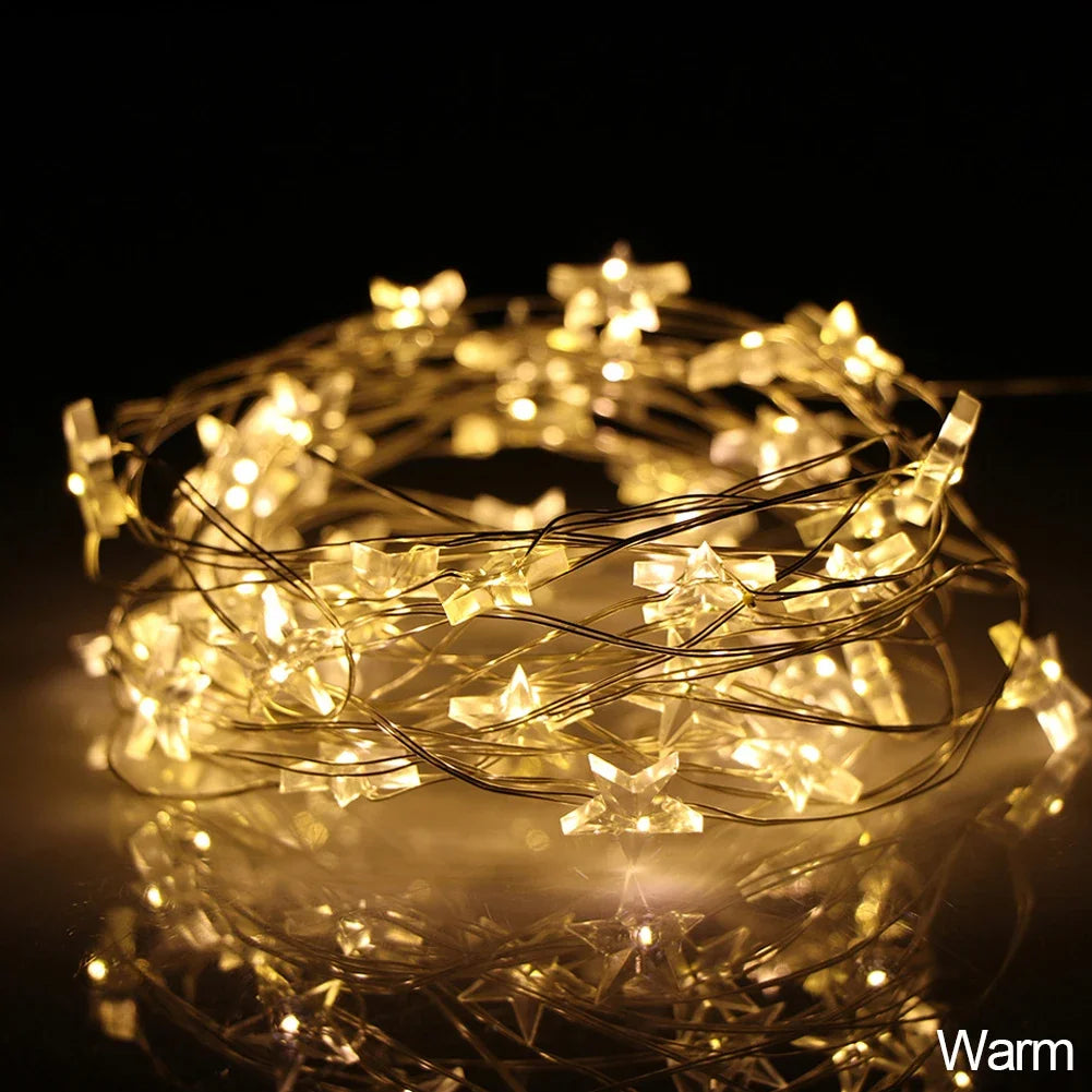 LED Star Copper String Lights, 10–60 LED Fairy Light, Christmas Party & Wedding Decor, Home Outdoor Patio Twinkle Lamps