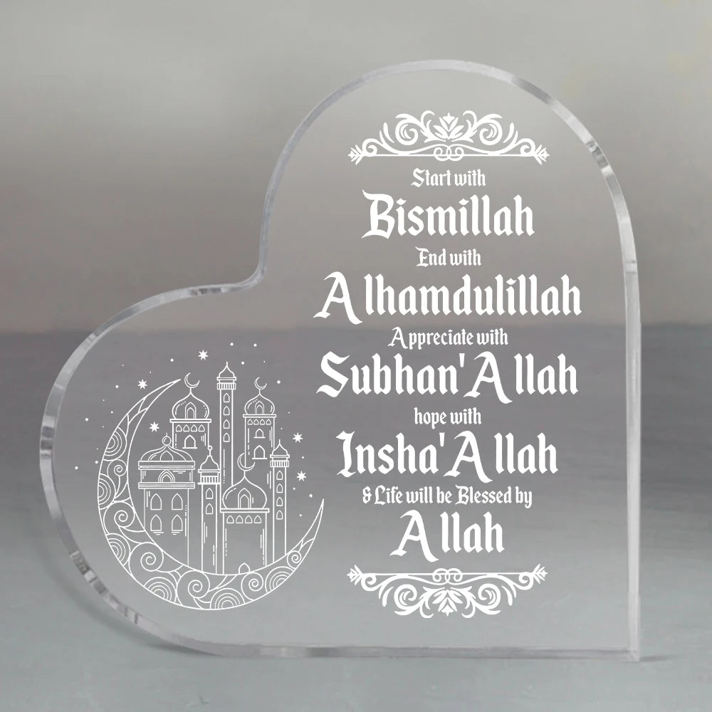 1pc Islamic Acrylic Desktop Decor Ornament - Heart Shaped Elegant Eid Mubarak Logo With Arabic Ramadan Theme - Inspirational
