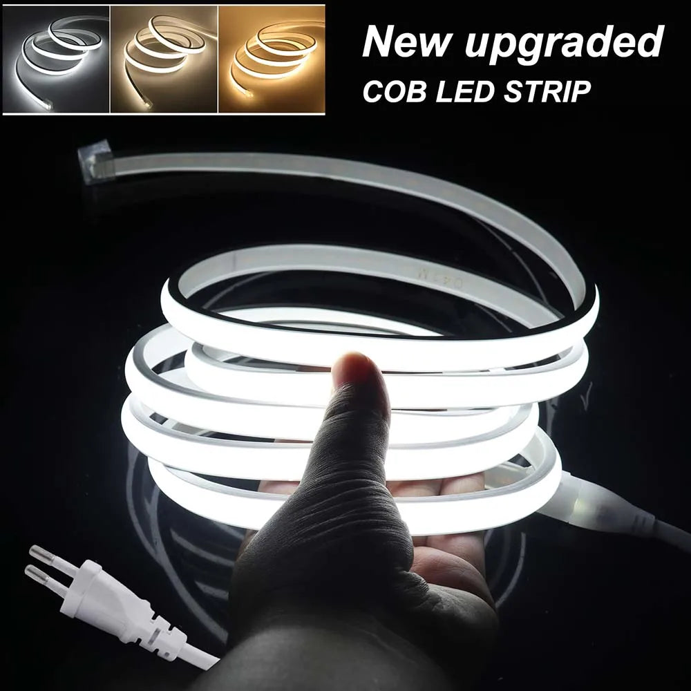 COB LED Strip Neon Light 220V EU UK Plug 288LEDs/M RA90 Flexible Tape Waterproof Led Ribbon for Kitchen Outdoor Garden Lighting
