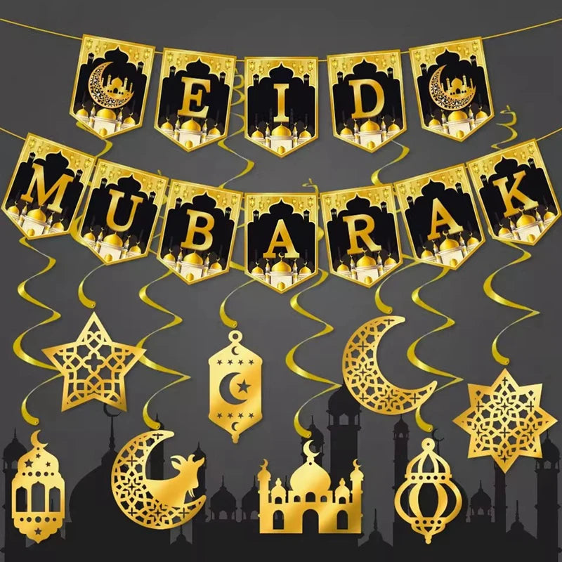 Eid Mubarak Paper Banner Garland 2026 Ramadan Moon Star Mosque Hanging Swirl Home Decoration Ornaments Islamic Muslim Party Gift