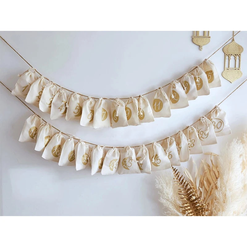 30 Days Lunar Moon Ramadan Countdown Calendar Bags Muslim Islamic Eid Al-Fitr Home Wall Hanging Decoration Kids Boys Girls Gift