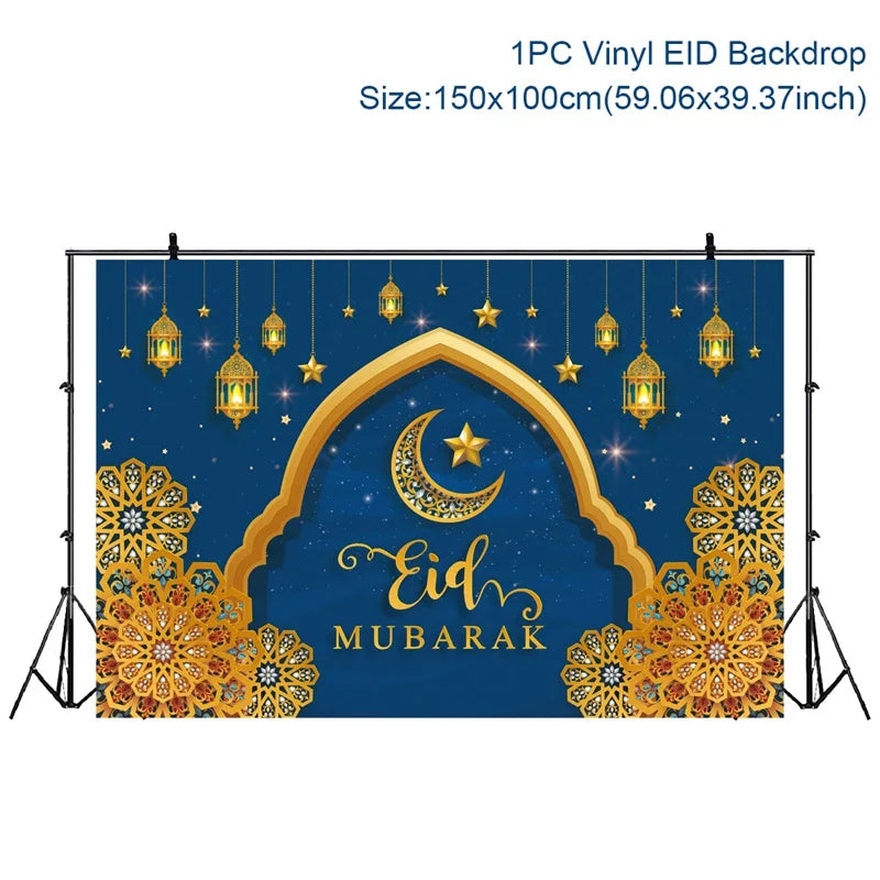 Ramadan Kareem Backdrop Photo Booth Background With Moon Star Castle Pattern Eid Mubarak Background for Backyard Al-fitr Gift