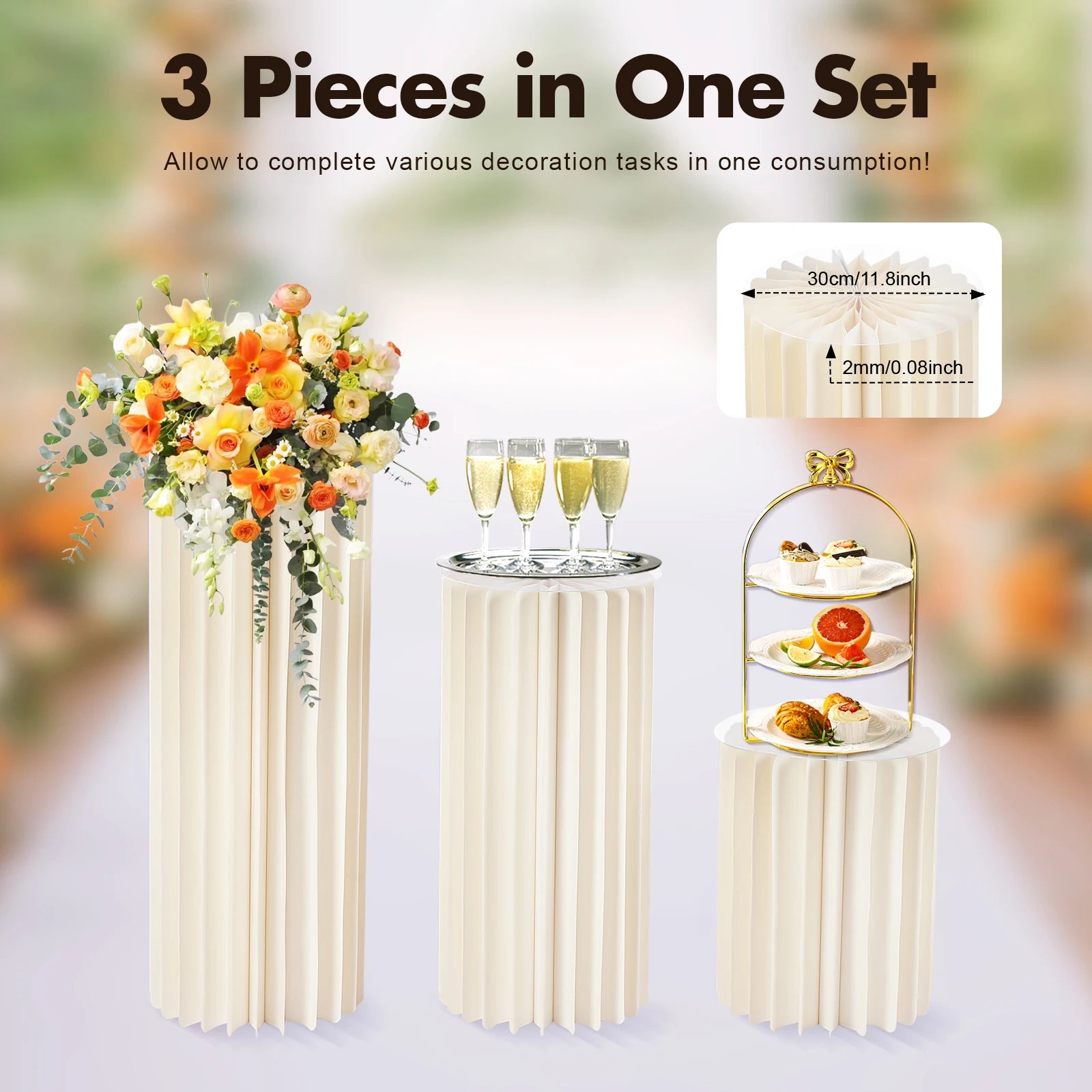 3Pcs Foldable Cardboard Flower Stands Wedding Centerpieces Cardboard Vases Round Pillars Pedestal Cake Stands for Wedding Party