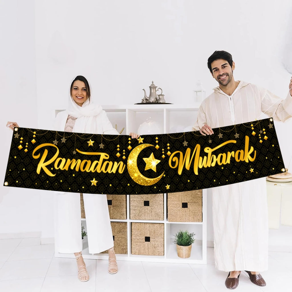 Eid Mubarak Backdrop Moon Star Castle Pattern Ramadan Decorations Banner for Home Islamic Muslim Party Supplies Eid Al-fitr Gift