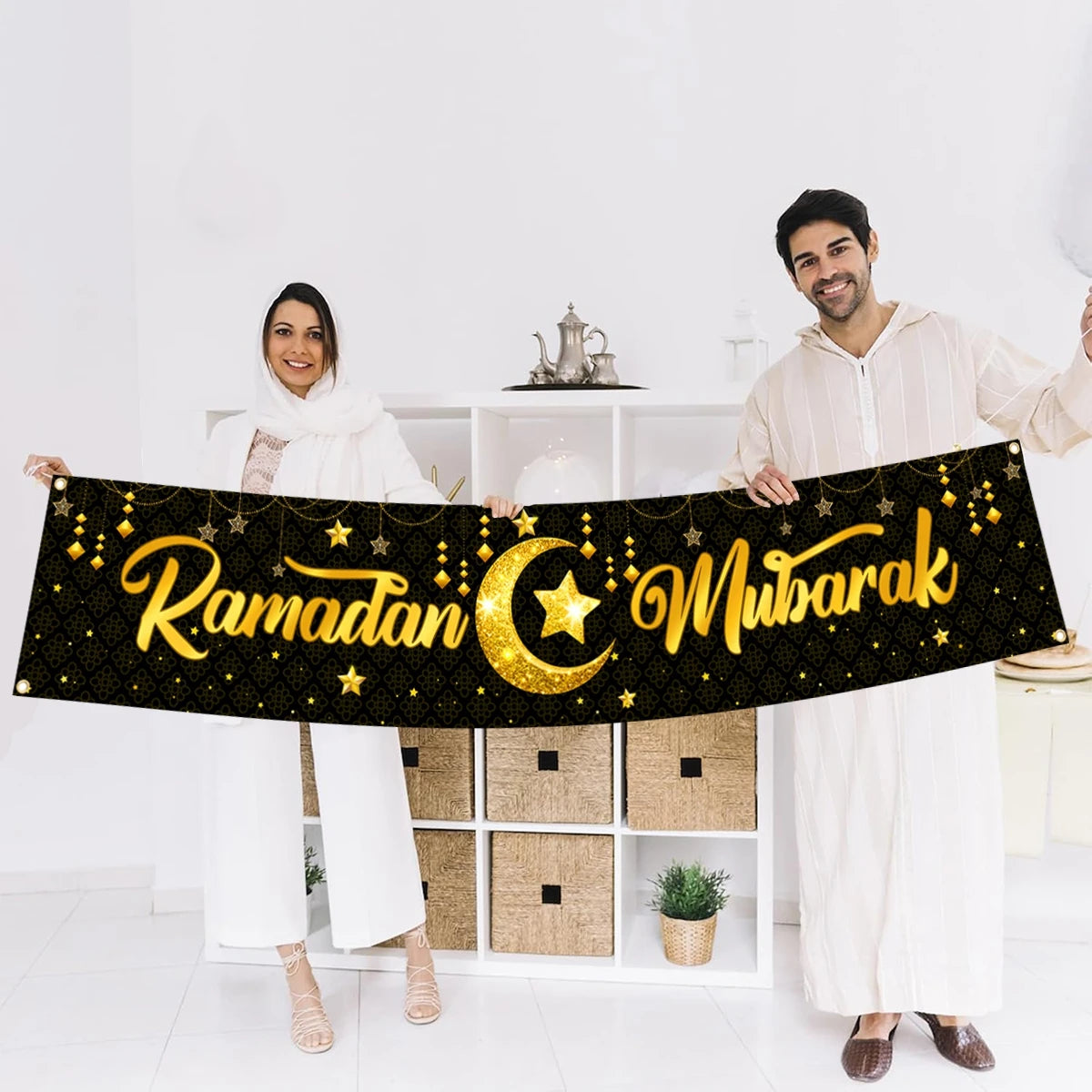 Eid Mubarak Backdrop Moon Star Castle Pattern Ramadan Decorations Banner for Home Islamic Muslim Party Supplies Eid Al-fitr Gift