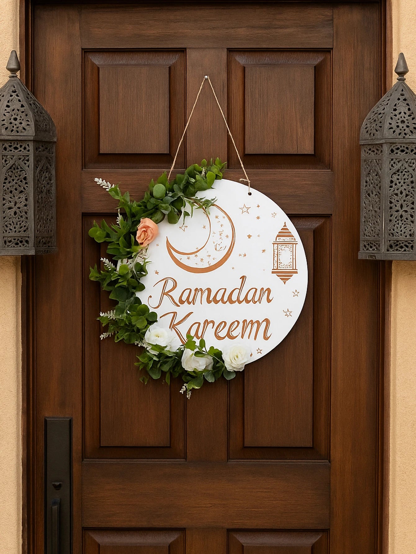 Ramadan Kareem Hanging Door Sign Floral Decor with Moon Star Lantern Design Islamic Festive Decorations for Home & Outdoor Gift