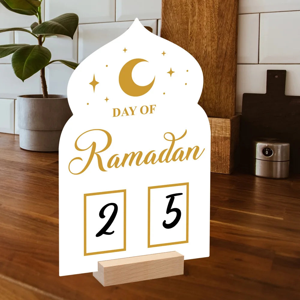Reusable Acrylic Ramadan Calendar Board Wooden Base Table Ornament with Pen Mubarak Eid Advent Day Suhoor Iftaar Countdown Gifts