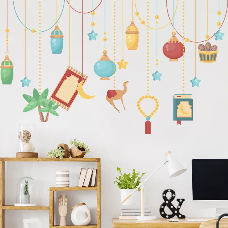 Ramadan Wall Decor Stickers Islamic Muslim Wall Decals Eid Mubarak Ramadan Lantern Moon Star Window Decor For Home Decorations