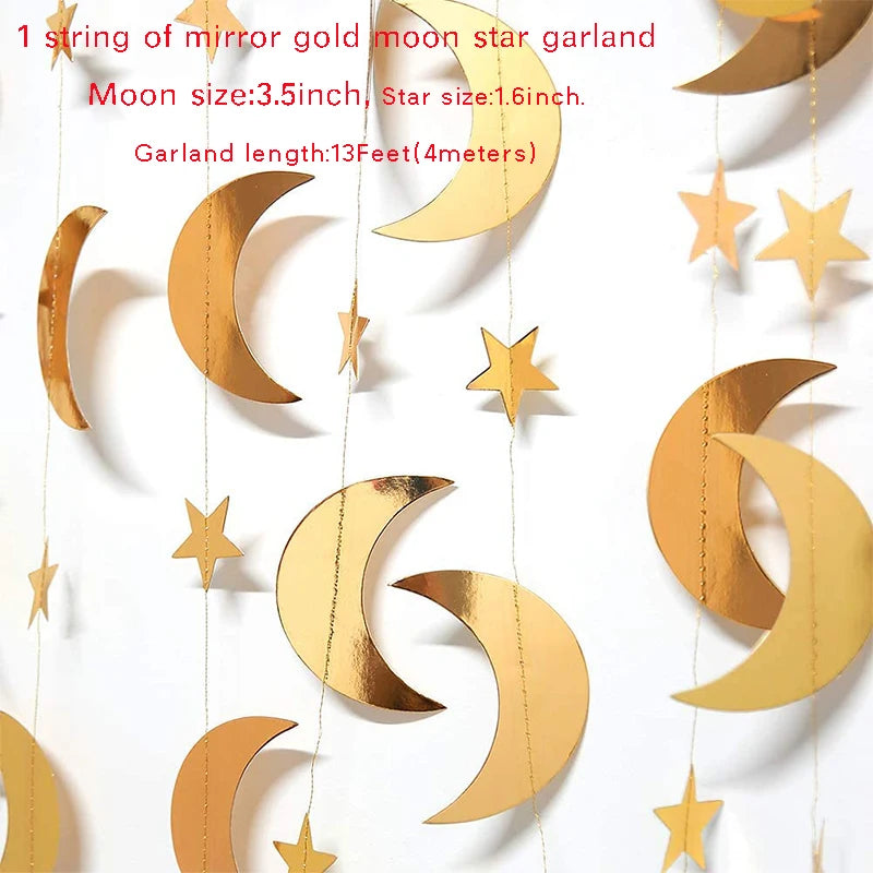Gold Eid Mubarak Ramadan Decor Paper Star Moon Circle Dot Crescent Lamp Garland for Home Muslim Party Backdrop Banner Decoration