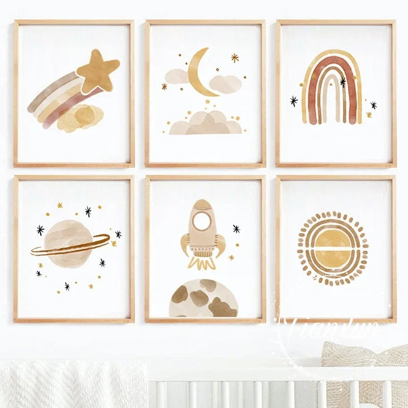 Nursery Wall Art Sun Stars Moon Earth Posters And Prints Children's Room Decoration Cartoon Universe Picture For Kid Room Poster