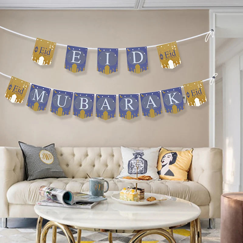EID Mubarak Banner Glitter Star Moon Letter Paper Bunting Garland Islamic Muslim Party Ramadan Kareem Decorations for Home 2026