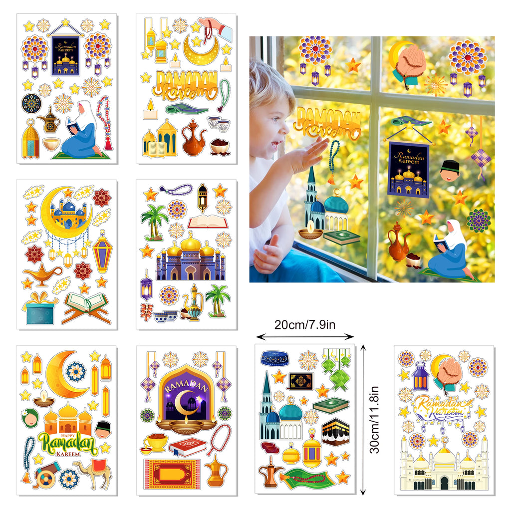 8 Sheets Eid Ramadan Party Window Static Stickers Decoration,Glass Clings Party Backdrops Decals For Eid al-Fitr Party Supplies