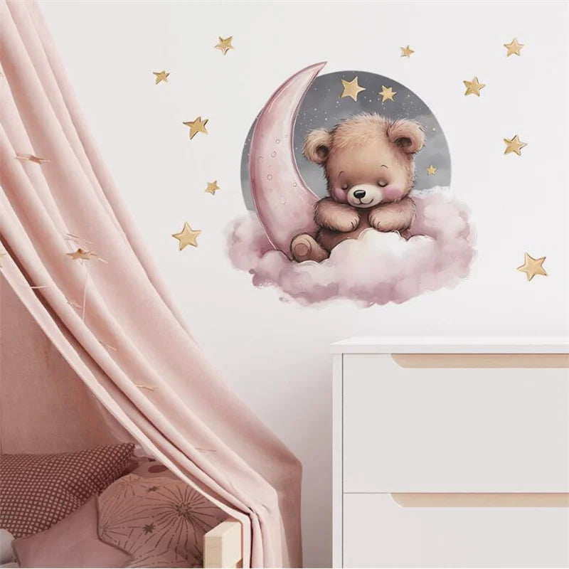 Self Adhesive Cartoon Star Good Night Little Bear On The Moon Wall Stickers For Children's Room Home Beautification Decoration