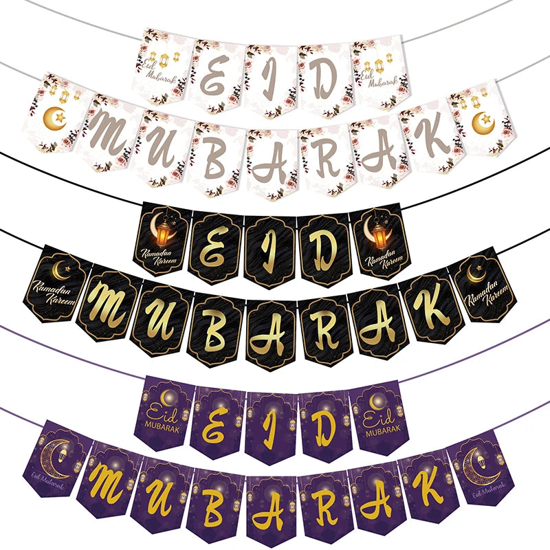 Ramadan Mubarak Banner Bunting Garland Eid Mubarak Lantern Moon Castle Sign Festival Celebration Wall Hanging Party Decorations