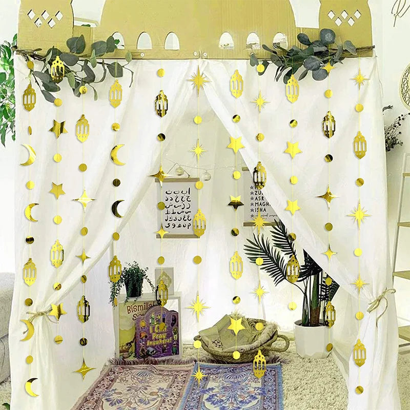 Gold Eid Mubarak Ramadan Decor Paper Star Moon Circle Dot Crescent Lamp Garland for Home Muslim Party Backdrop Banner Decoration