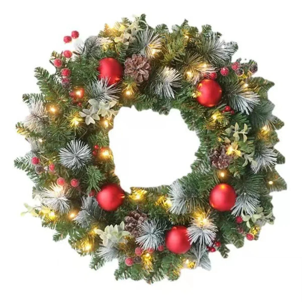 Christmas Wreaths For Front Door With String Lights 35/40cm Christmas Door Wreath With Artificial Pinecone Red Berry Home Decor
