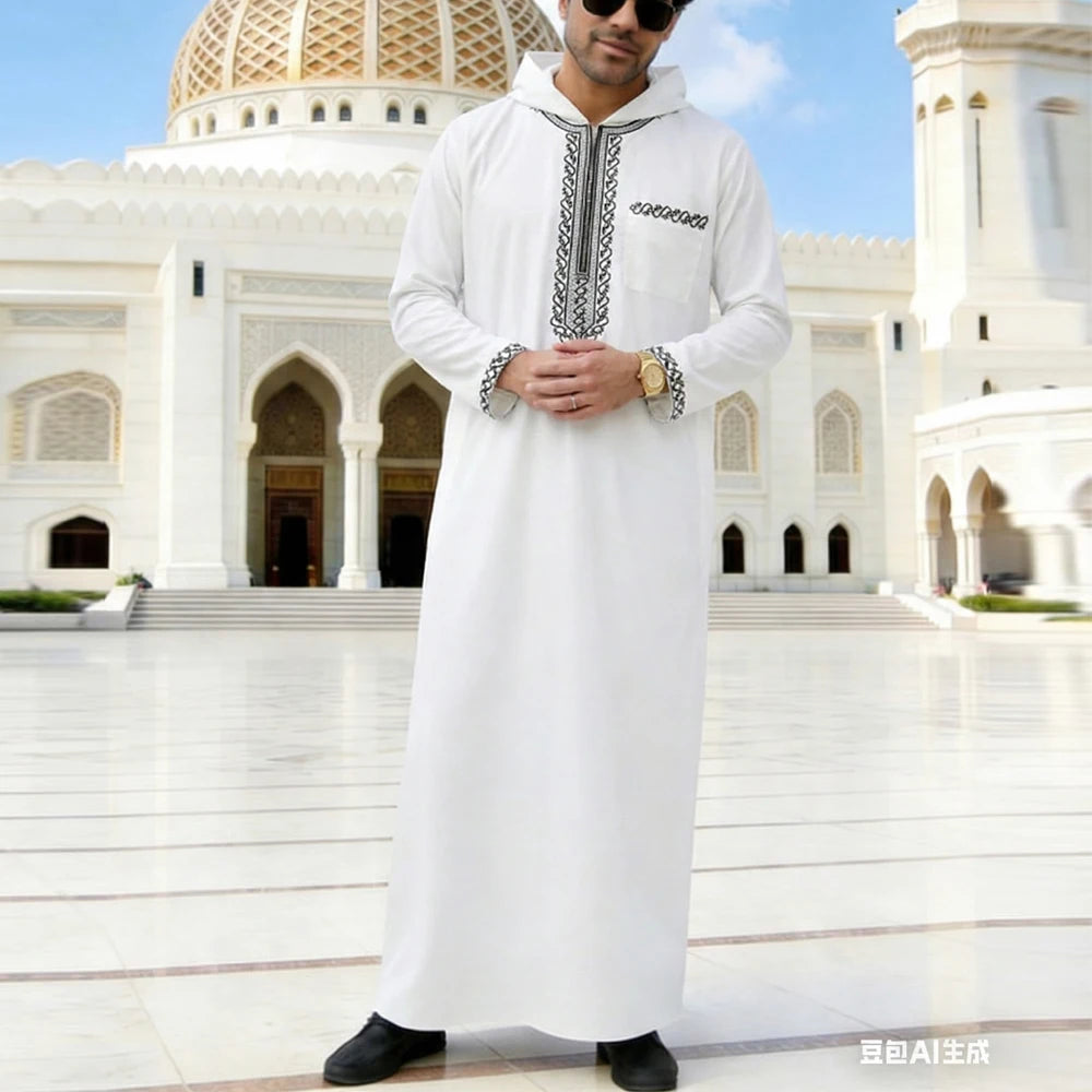 Muslim men's thobe long-sleeved embroidered Saudi Arabia elegant Islamic traditional clothing for festivals Arab Robe Dress