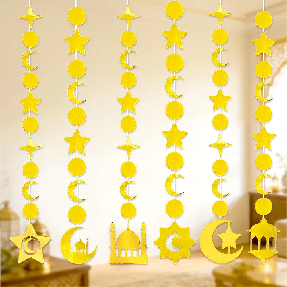 Gold Star Crescent Castle Hanging Garland - Ramadan Eid Party Decor - Moon Festival Streamer Ornament
