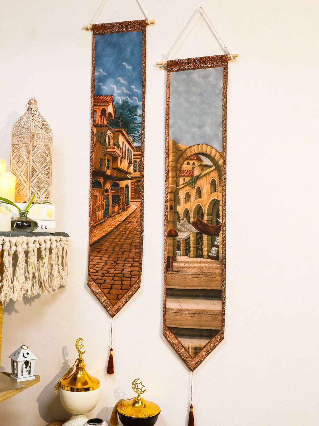 Ramadan Islamic Wall Hanging Tapestry Building Print Banner with Tassel Boho Home Decor for Living Room Bedroom Hanging Art Gift