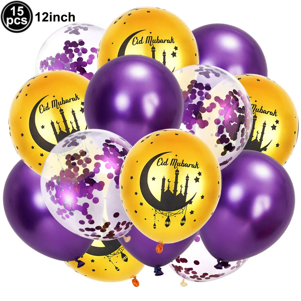 12inch Eid Mubarak Party Decorations Happy Eid al-Fitr Latex Balloons Gold Purple Black Moon Castle Print Confetti Balloons