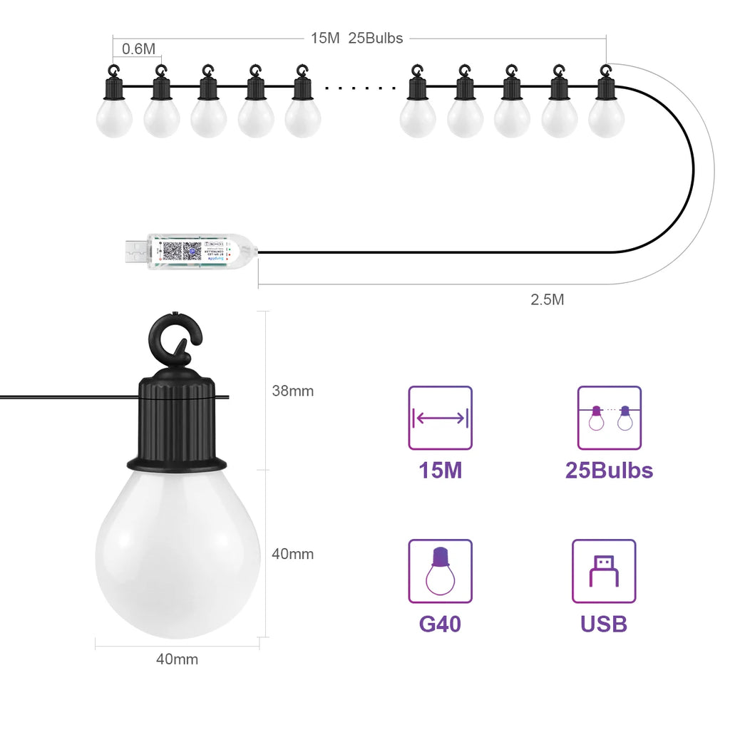 Smart WIFI and Bluetooth G40 LED Bulb String 15M/30M USB Festoon Fairy Lights Room Outdoor Garden Camping Decor Garland Light