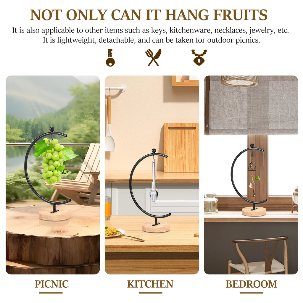 Banana Holder Stand Moon Shape Banana Hanger Rack Metal Fruit Hanger with Wood Base Stable Banana Hanger Stand Decorative