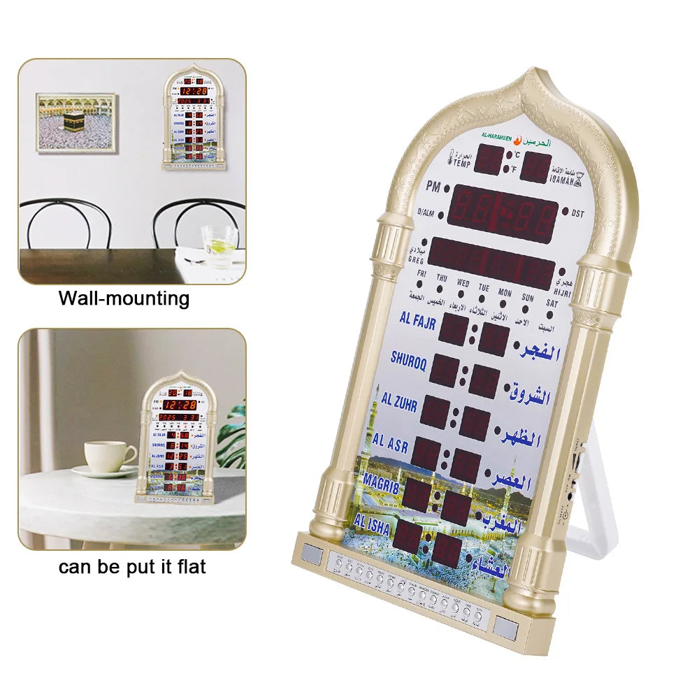 12V Azan Mosque Mosque Clock Calendar Muslim Prayer Wall Clock Alarm Islamic Mosque Azan Calendar Ramadan Home Decor Wall Clock