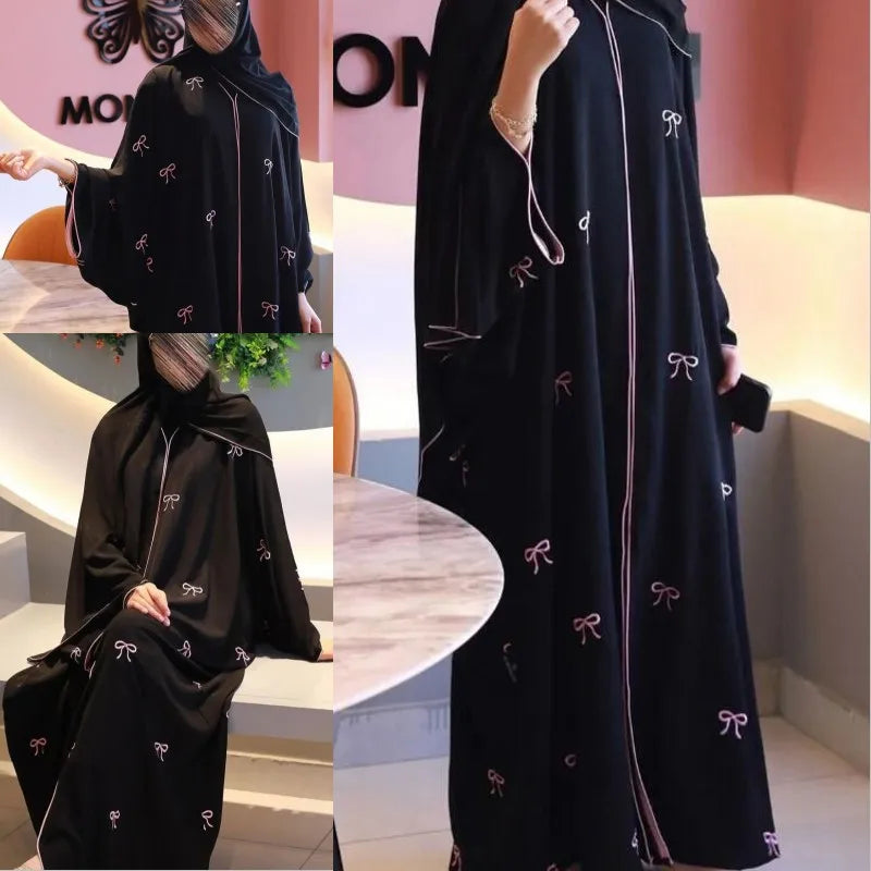 Arab Women Front Open Cardigan Scarf Burqa Islamic Bow Embroidery Robe Abaya Muslim Robe Ladies Loose Kaftan Clothing