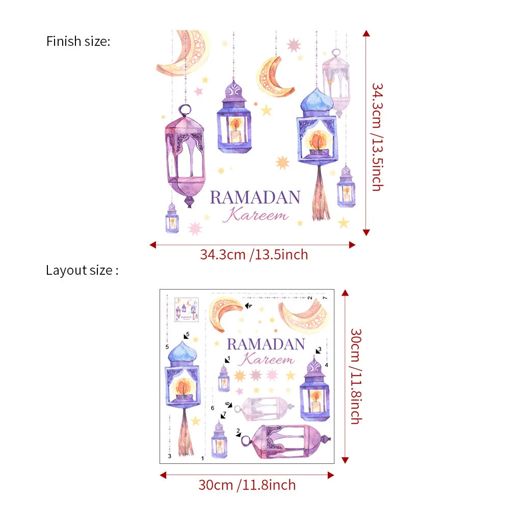 Eid Mubarak Moon Star Lantern Wall Stickers Ramadan Kareem Wall Window Decals Muslim Islamic Decorations Ramadan Home Decor