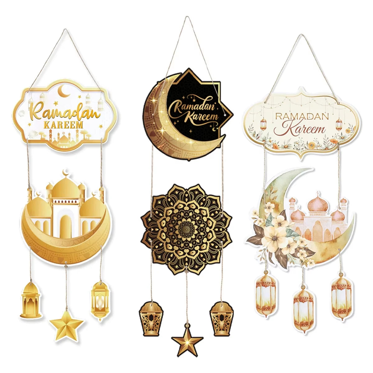 Lantern Welcome Sign Diy Ramadan Door Hanger Eid Mubarak Hanging Sign Gold Moon Castle Decoration For Islamic Festival Party