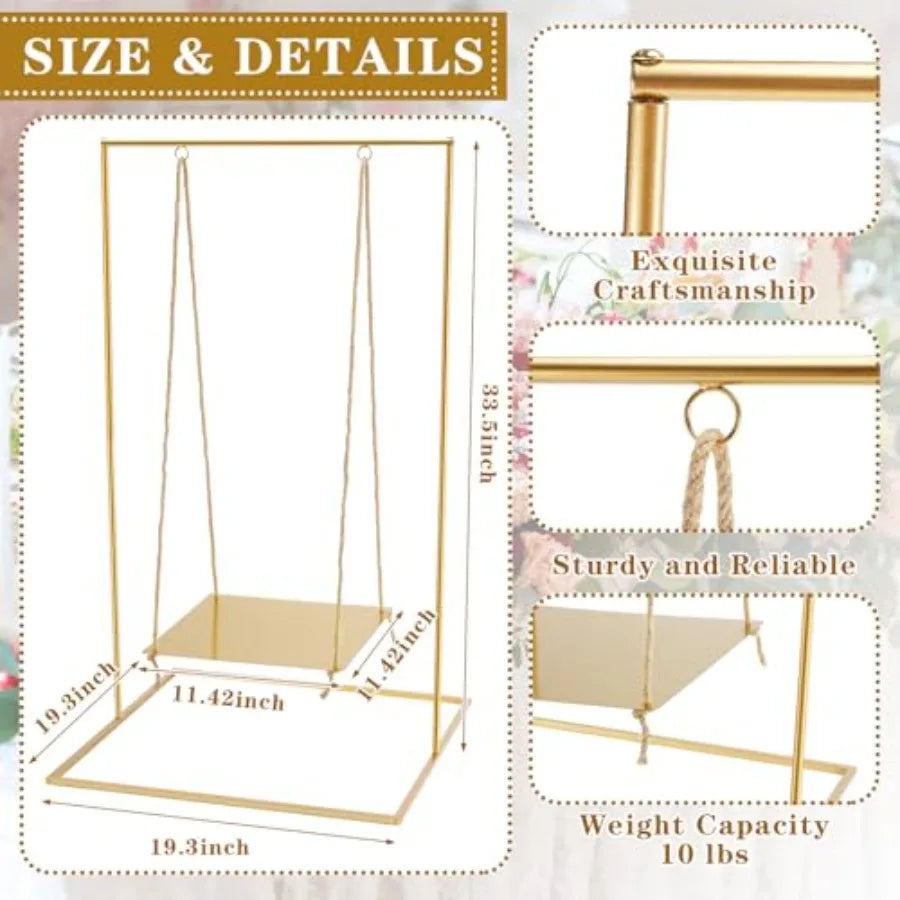 Gold Metal Swing Cake Stand 2.8 Feet Tall Hanging Dessert Display Centerpiece with Jute Rope Floating Cake Stand for Wedding Bir