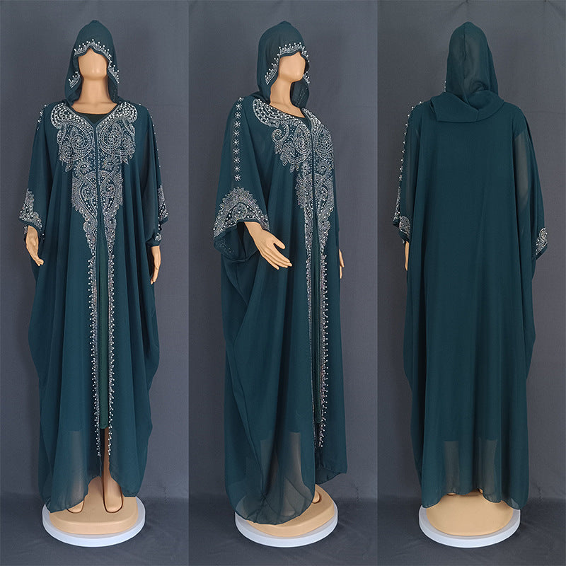 Eid Muslim Dress for Women – Hooded 2-Piece Diamond Jalabiya Kaftan