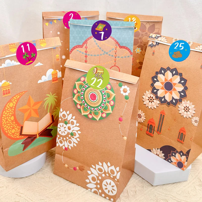 12/24Pcs Ramadan Party Decoration Eid Mubarak Gifts Bag with Stickers Gift Packaging Bags 2026 Islamic Muslim Party Supplies