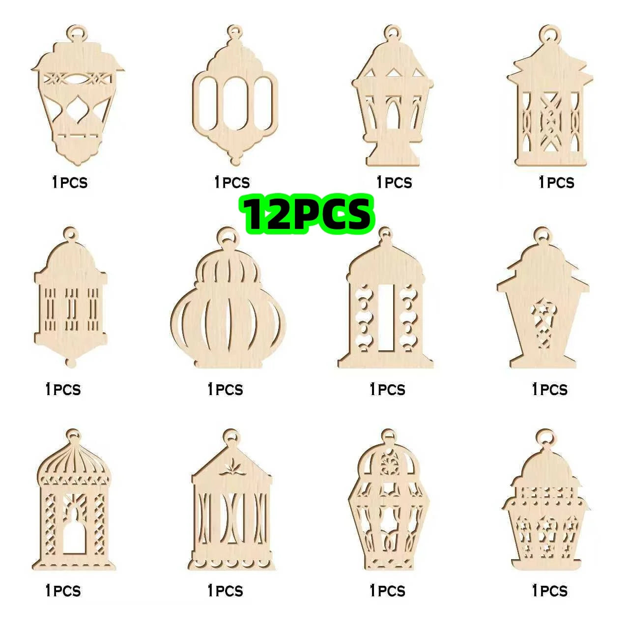 1 Set of 12 Easter Wooden Ornaments, Islamic Wooden Lanterns and Crescent Decorations Suitable for Eid Al-Fitr, Muslim Family's Ramadan Ending Period Hanging Decorations, Can Be Diyed and Colored by Yourself